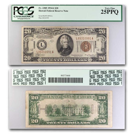 1934-A $20 Brown Seal Hawaii VF-25 PPQ PCGS (Fr#2305) 1934-A $20 Brown Seal Hawaii VF-25 PPQ PCGS (Fr#2305)