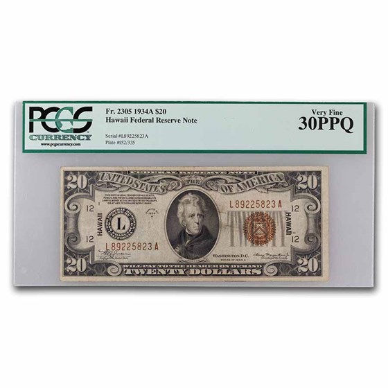 1934-A $20 Brown Seal Hawaii VF-30 PPQ PCGS (Fr#2305) 1934-A $20 Brown Seal Hawaii VF-30 PPQ PCGS (Fr#2305)