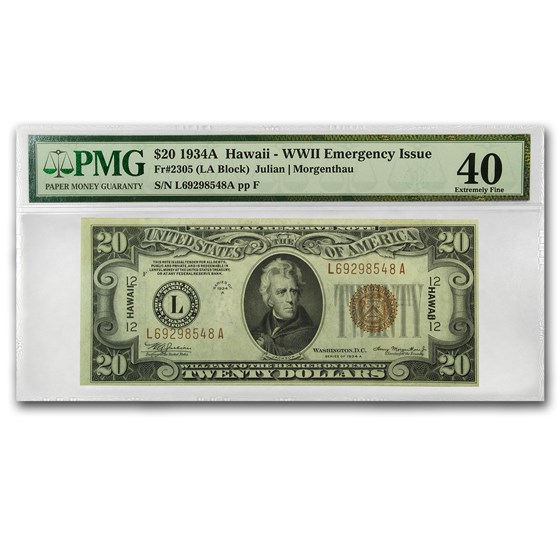 1934-A $20 Brown Seal Hawaii XF-40 PMG (Fr#2305) 1934-A $20 Brown Seal Hawaii XF-40 PMG (Fr#2305)