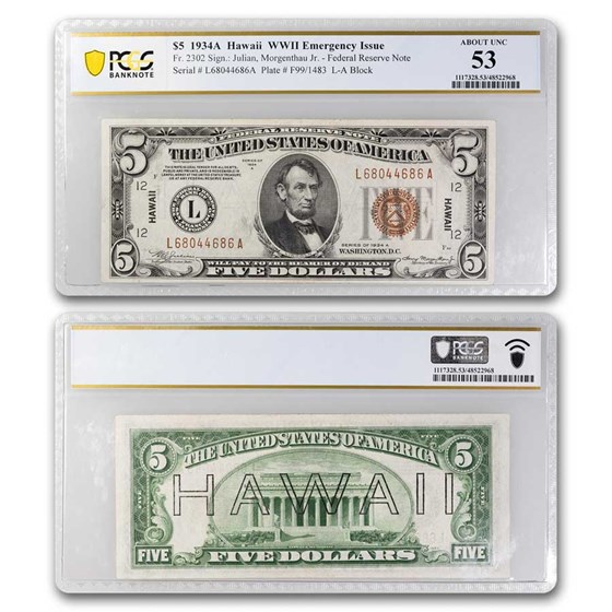 1934-A $5.00 Brown Seal Hawaii AU-53 PCGS (Fr#2302) 1934-A $5.00 Brown Seal Hawaii AU-53 PCGS (Fr#2302)