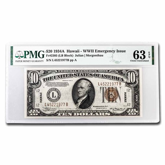 1934-A $5.00 Brown Seal Hawaii CU-63 EPQ PMG (Fr#2302) 1934-A $5.00 Brown Seal Hawaii CU-63 EPQ PMG (Fr#2302)