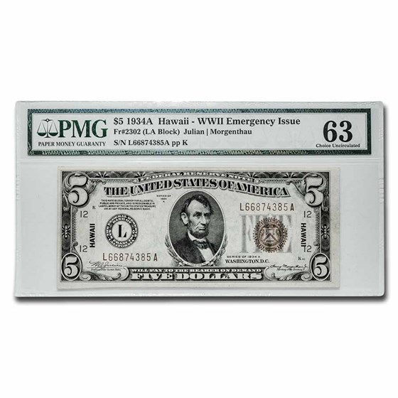 1934-A $5.00 Brown Seal Hawaii CU-63 PMG (Fr#2302) 1934-A $5.00 Brown Seal Hawaii CU-63 PMG (Fr#2302)