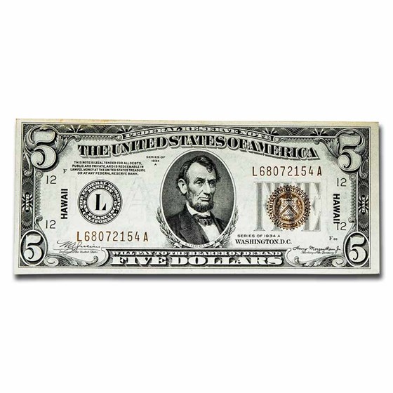 1934-A $5.00 Brown Seal Hawaii CU (Fr#2302) 1934-A $5.00 Brown Seal Hawaii CU (Fr#2302)