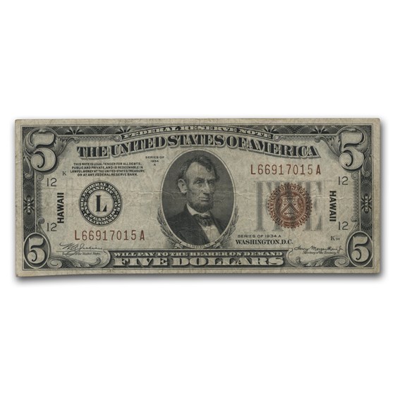 1934-A $5.00 Brown Seal Hawaii Fine (Fr#2302) 1934-A $5.00 Brown Seal Hawaii Fine (Fr#2302)