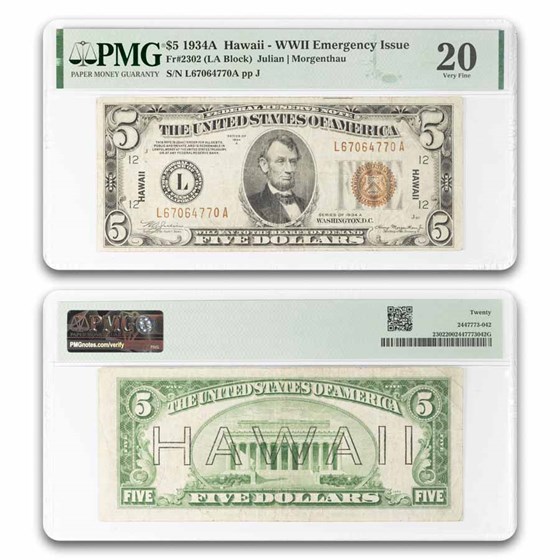 1934-A $5.00 Brown Seal Hawaii VF-20 PMG (Fr#2302)