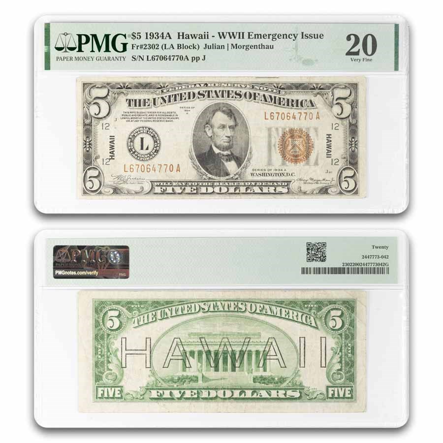 1934-A $5.00 Brown Seal Hawaii VF-20 PMG (Fr#2302)