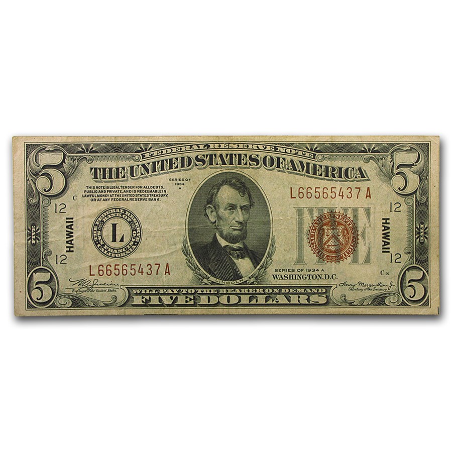 1934-A $5.00 Brown Seal Hawaii VF (Fr#2302)