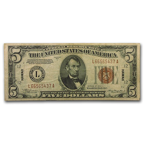 1934-A $5.00 Brown Seal Hawaii VF (Fr#2302) 1934-A $5.00 Brown Seal Hawaii VF (Fr#2302)