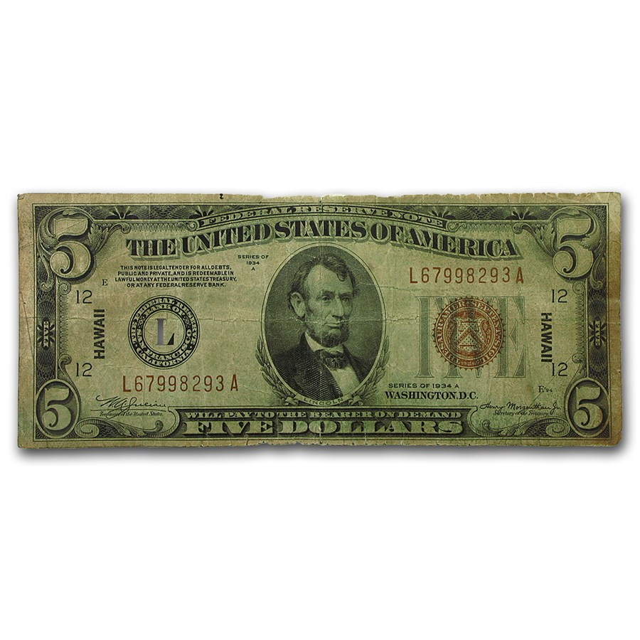 1934-A $5.00 Brown Seal Hawaii VG (Fr#2302)