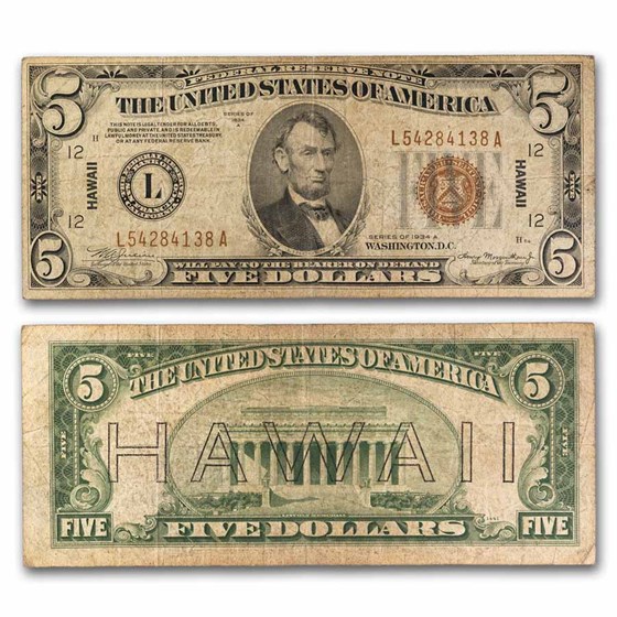 1934-A $5.00 Brown Seal Hawaii VG (Fr#2302) 1934-A $5.00 Brown Seal Hawaii VG (Fr#2302)