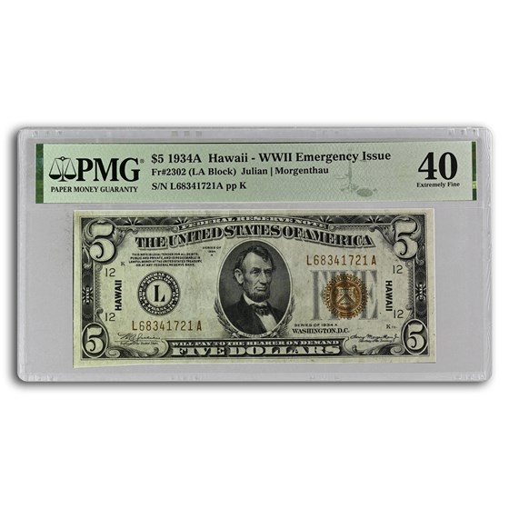 1934-A $5.00 Brown Seal Hawaii XF-40 PMG (Fr#2302) 1934-A $5.00 Brown Seal Hawaii XF-40 PMG (Fr#2302)