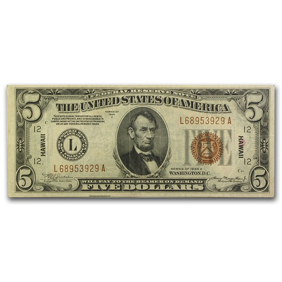 1934-A $5.00 Brown Seal Hawaii XF (Fr#2302) 1934-A $5.00 Brown Seal Hawaii XF (Fr#2302)