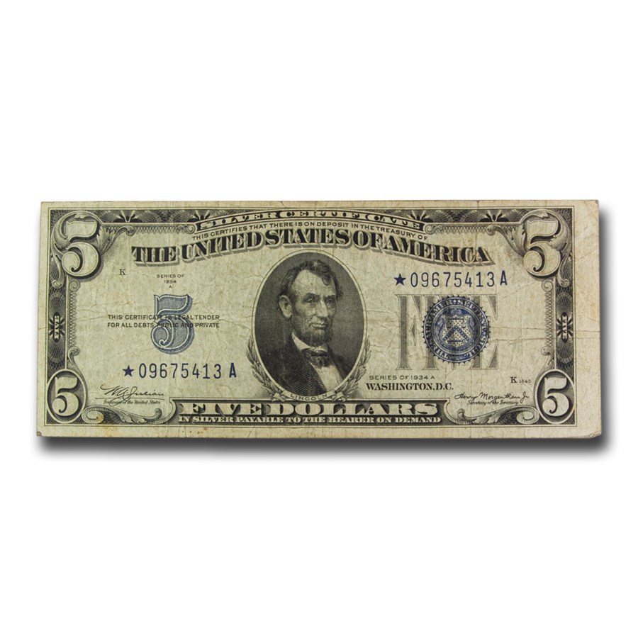 1934-A* $5.00 Silver Certificate Fine (Fr#1651*) Star Note