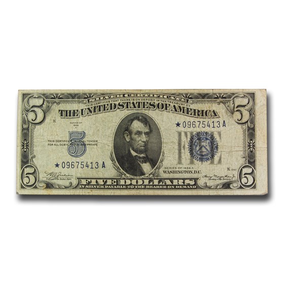 1934-A* $5.00 Silver Certificate Fine (Fr#1651*) Star Note 1934-A* $5.00 Silver Certificate Fine (Fr#1651*) Star Note