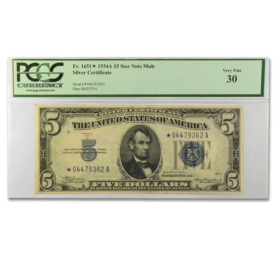 Buy 1934-A* $5.00 Silver Certificate (STAR NOTE) VF-30 PCGS | APMEX