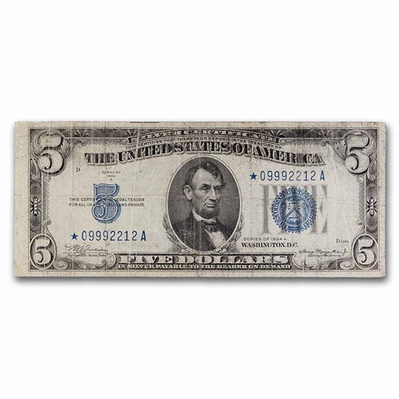 1934-A* $5.00 Silver Certificate VF (Fr#1651*) Star Note 1934-A* $5.00 Silver Certificate VF (Fr#1651*) Star Note
