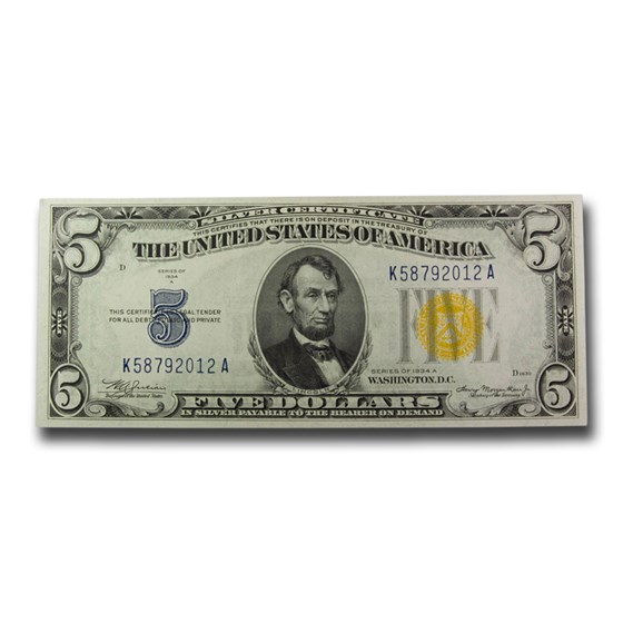 1934-A $5.00 Yellow Seal North Africa CCU (Fr#2307) 1934-A $5.00 Yellow Seal North Africa CCU (Fr#2307)