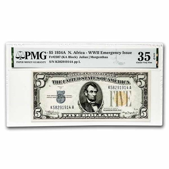 1934-A $5.00 Yellow Seal North Africa CH VF-35 EPQ PMG (Fr#2307) 1934-A $5.00 Yellow Seal North Africa CH VF-35 EPQ PMG (Fr#2307)