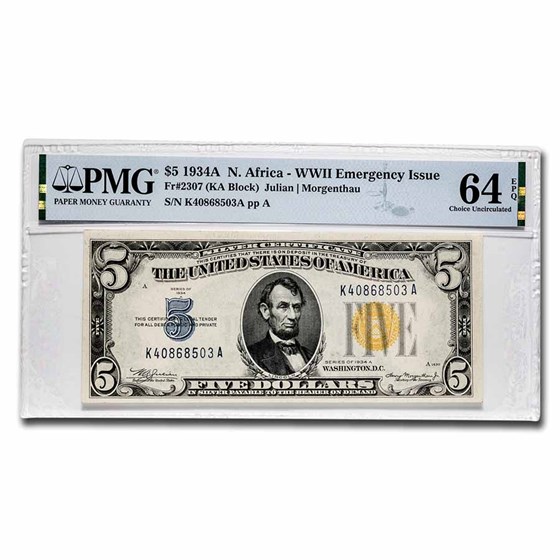 1934-A $5.00 Yellow Seal North Africa CU-64 EPQ PMG (Fr#2307) 1934-A $5.00 Yellow Seal North Africa CU-64 EPQ PMG (Fr#2307)