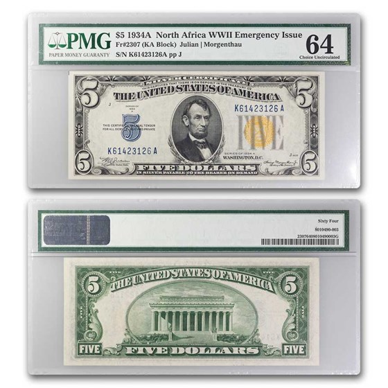 1934-A $5.00 Yellow Seal North Africa CU-64 PMG (Fr#2307) 1934-A $5.00 Yellow Seal North Africa CU-64 PMG (Fr#2307)