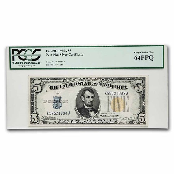1934-A $5.00 Yellow Seal North Africa CU-64 PPQ PCGS (Fr#2307) 1934-A $5.00 Yellow Seal North Africa CU-64 PPQ PCGS (Fr#2307)