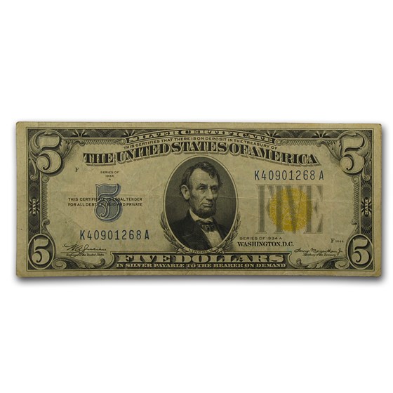 1934-A $5.00 Yellow Seal North Africa VF (Fr#2307) 1934-A $5.00 Yellow Seal North Africa VF (Fr#2307)