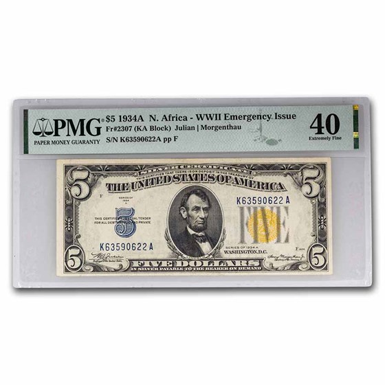 1934-A $5.00 Yellow Seal North Africa XF-40 PMG (Fr#2307) 1934-A $5.00 Yellow Seal North Africa XF-40 PMG (Fr#2307)