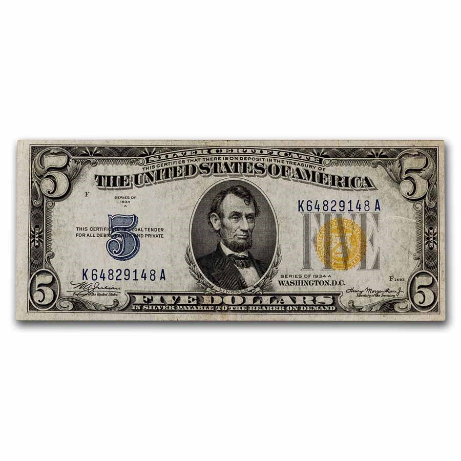 1934-A $5.00 Yellow Seal North Africa XF (Fr#2307)