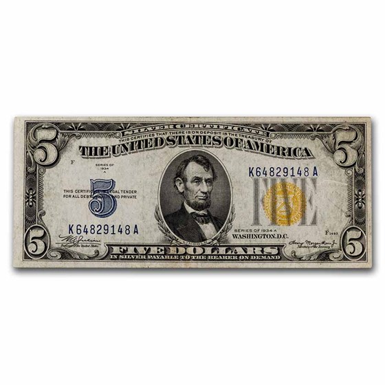 1934-A $5.00 Yellow Seal North Africa XF (Fr#2307) 1934-A $5.00 Yellow Seal North Africa XF (Fr#2307)