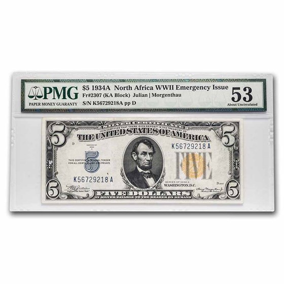 1934-A $5 Yellow Seal North Africa AU-53 PMG (Fr#2307) 1934-A $5 Yellow Seal North Africa AU-53 PMG (Fr#2307)