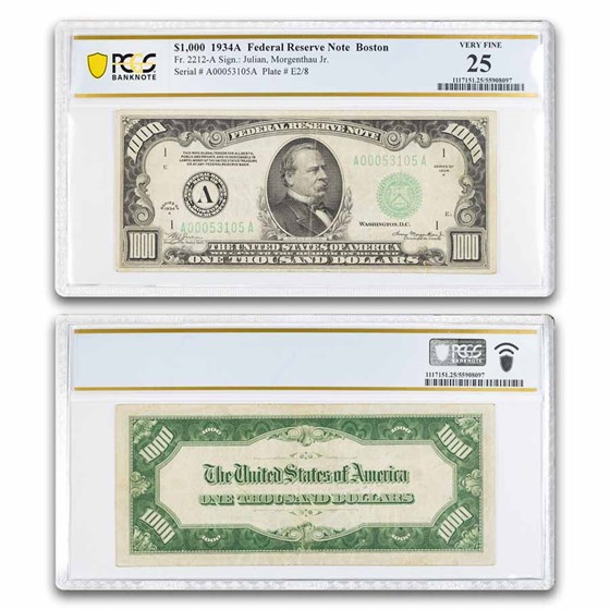 1934-A (A-Boston) $1,000 FRN VF-25 PCGS (Fr#2212-A)