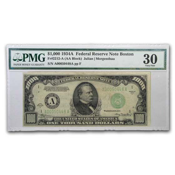 1934-A (A-Boston) $1,000 FRN VF-30 PMG (Fr#2212-A) 1934-A (A-Boston) $1,000 FRN VF-30 PMG (Fr#2212-A)