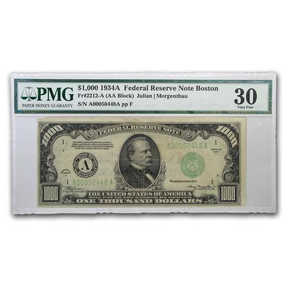 1934-A (A-Boston) $1,000 FRN VF-30 PMG (Fr#2212-A)