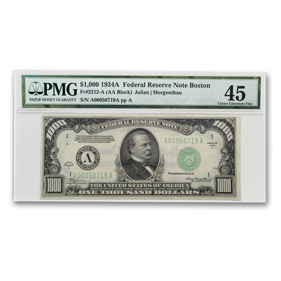 1934-A (A-Boston) $1,000 FRN XF-45 PMG 1934-A (A-Boston) $1,000 FRN XF-45 PMG