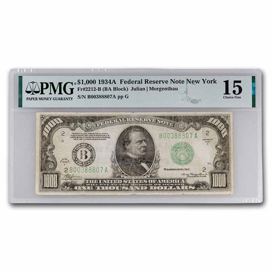 1934-A (B-New York) $1,000 FRN Ch Fine-15 PMG (Fr#2212-B)