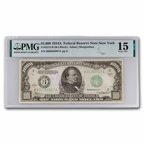 1934-A (B-New York) $1,000 FRN Ch Fine-15 PMG (Fr#2212-B) 1934-A (B-New York) $1,000 FRN Ch Fine-15 PMG (Fr#2212-B)