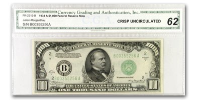 1934-A (B-New York) $1,000 FRN CU-62 CGA 1934-A (B-New York) $1,000 FRN CU-62 CGA