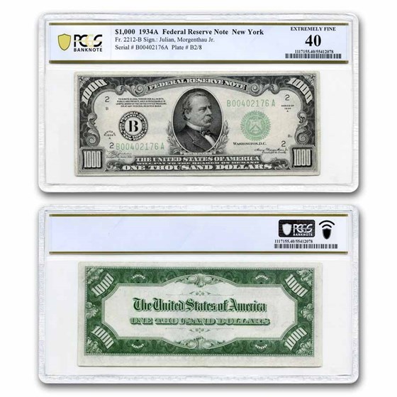 1934-A (B-New York) $1,000 FRN XF-40 PCGS (Fr#2212-B) 1934-A (B-New York) $1,000 FRN XF-40 PCGS (Fr#2212-B)