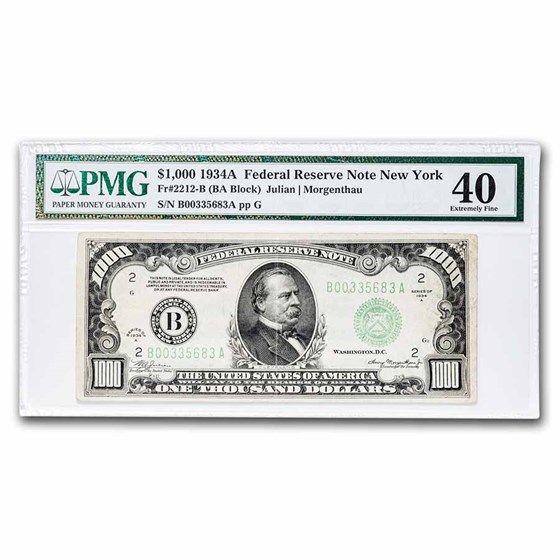 1934-A (B-New York) $1,000 FRN XF-40 PMG (Fr#2212-B) 1934-A (B-New York) $1,000 FRN XF-40 PMG (Fr#2212-B)