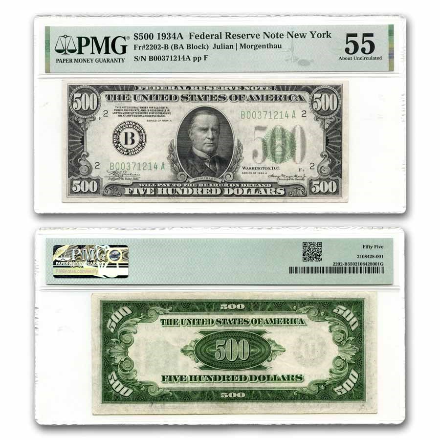 1934-A (B-New York) $500 FRN AU-55 PMG (Fr#2202-B)