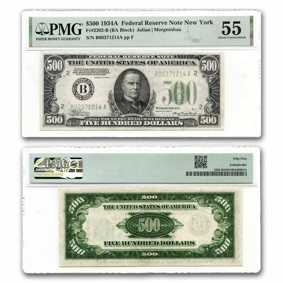 1934-A (B-New York) $500 FRN AU-55 PMG (Fr#2202-B) 1934-A (B-New York) $500 FRN AU-55 PMG (Fr#2202-B)