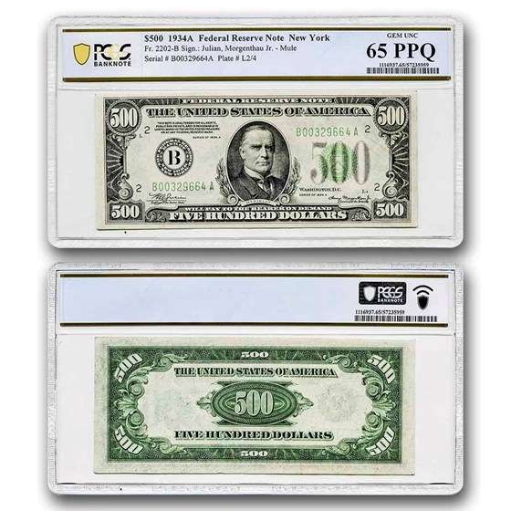 1934-A (B-New York) $500 FRN CU-65 PPQ PCGS (Fr#2202-Bm) Mule