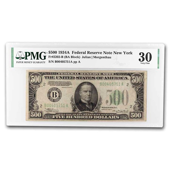 1934-A (B-New York) $500 FRN VF-30 PMG (Fr#2202-B) 1934-A (B-New York) $500 FRN VF-30 PMG (Fr#2202-B)