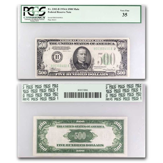 1934-A (B-New York) $500 FRN VF-35 PCGS (Fr#2202-B) Mule 1934-A (B-New York) $500 FRN VF-35 PCGS (Fr#2202-B) Mule