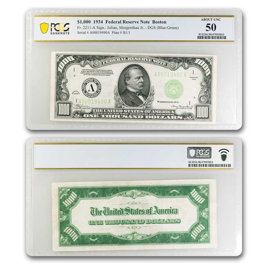 1934 (A-Boston) $1,000 FRN AU-50 PCGS (Fr#2211-A)