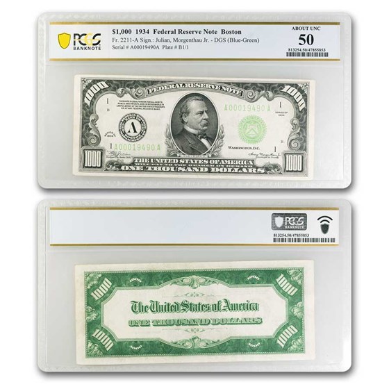 1934 (A-Boston) $1,000 FRN AU-50 PCGS (Fr#2211-A) 1934 (A-Boston) $1,000 FRN AU-50 PCGS (Fr#2211-A)