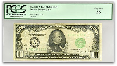 1934 (A-Boston) $1,000 FRN VF-25 PCGS 1934 (A-Boston) $1,000 FRN VF-25 PCGS