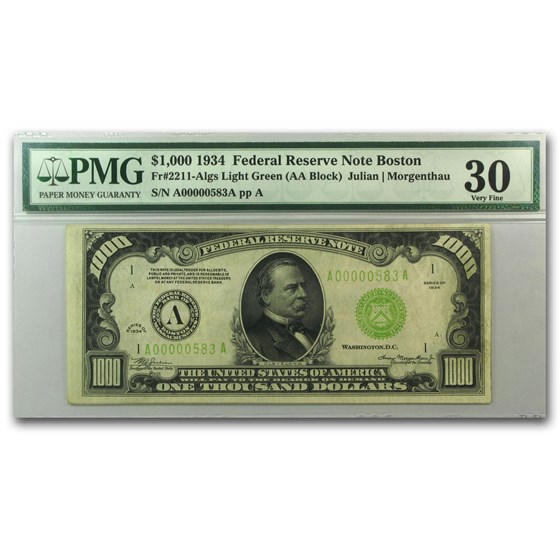 1934 (A-Boston) $1,000 FRN VF-30 PMG 1934 (A-Boston) $1,000 FRN VF-30 PMG