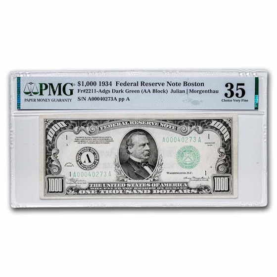 1934 (A-Boston) $1,000 FRN VF-35 PMG (Fr#2211-A) 1934 (A-Boston) $1,000 FRN VF-35 PMG (Fr#2211-A)