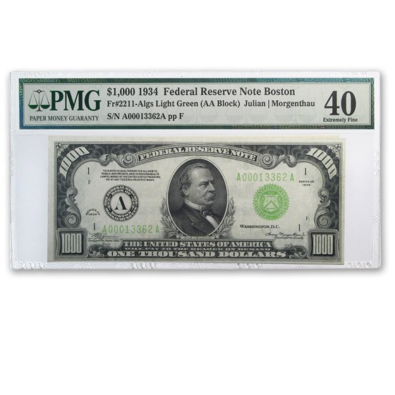 1934 (A-Boston) $1,000 FRN XF-40 PMG (Fr#2211-A) LGS 1934 (A-Boston) $1,000 FRN XF-40 PMG (Fr#2211-A) LGS